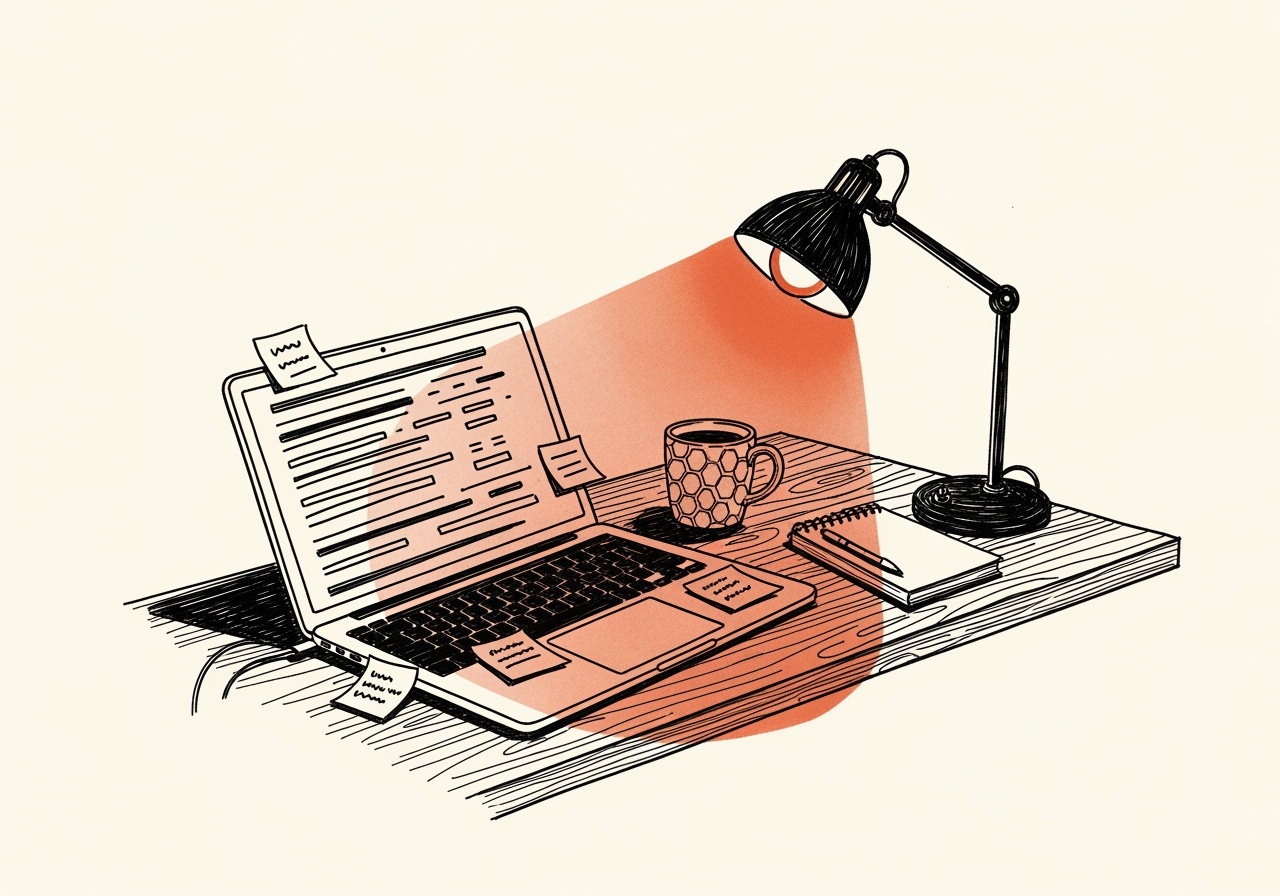 A late-night desk: laptop with abstract data rows on screen, sticky notes, a mug with a faint hex pattern, lit by a warm desk lamp.