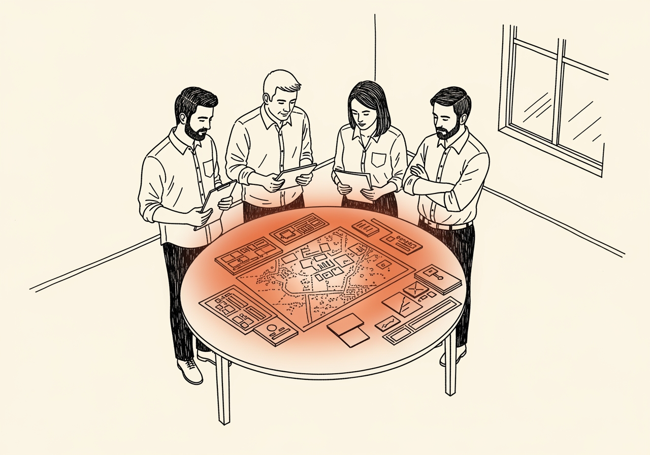 Four operators of different functions—warehouse, ops, finance, leadership—standing around a single circular planning table that glows with a terracotta operational map, all leaning in to look at the same shared reference.