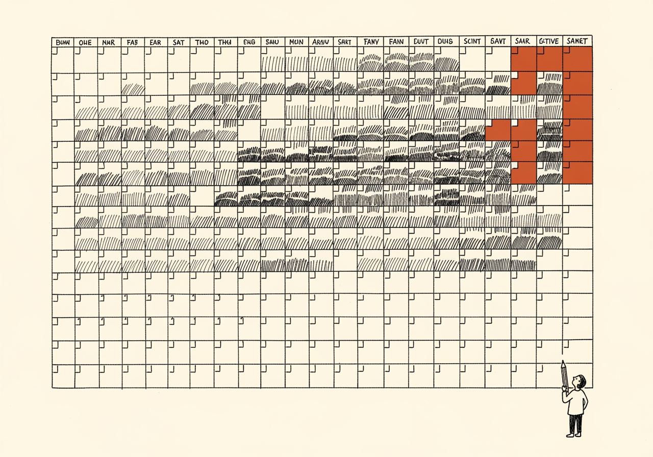 A contribution-graph wall: a grid of small cells filled in across many months, with the most recent cells highlighted in terracotta. A small figure at the bottom raises a pencil to the latest cell.
